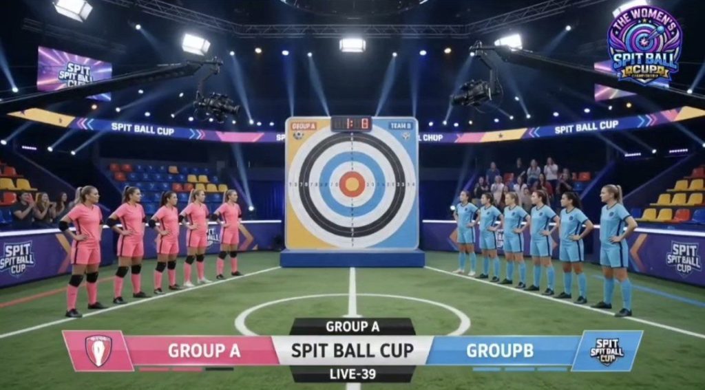 Pink and blue teams either side of the target