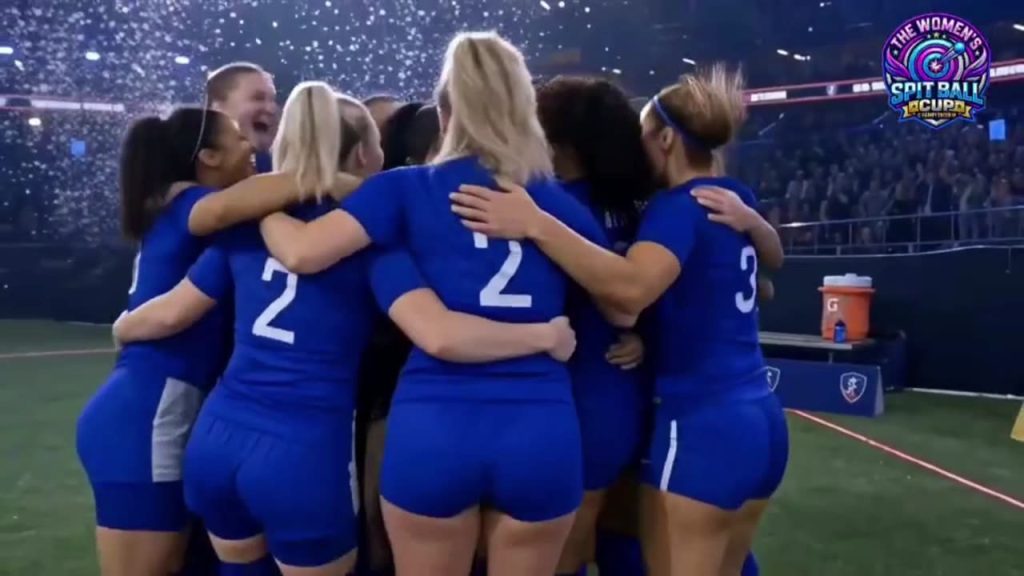 Blue team celebrating in a huddle